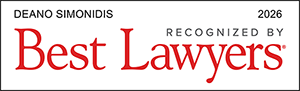 Badge reads "Deano Simonidis 2026 Recognized by Best Lawyers" in black and red text.