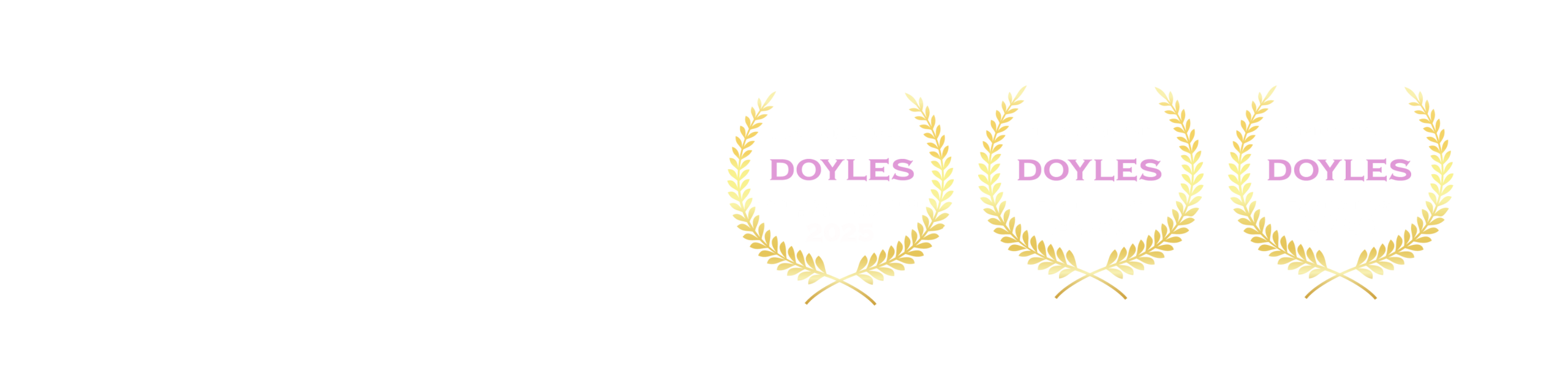 Three Doyles Family Law 2025 award badges with laurel wreath designs on a light background.