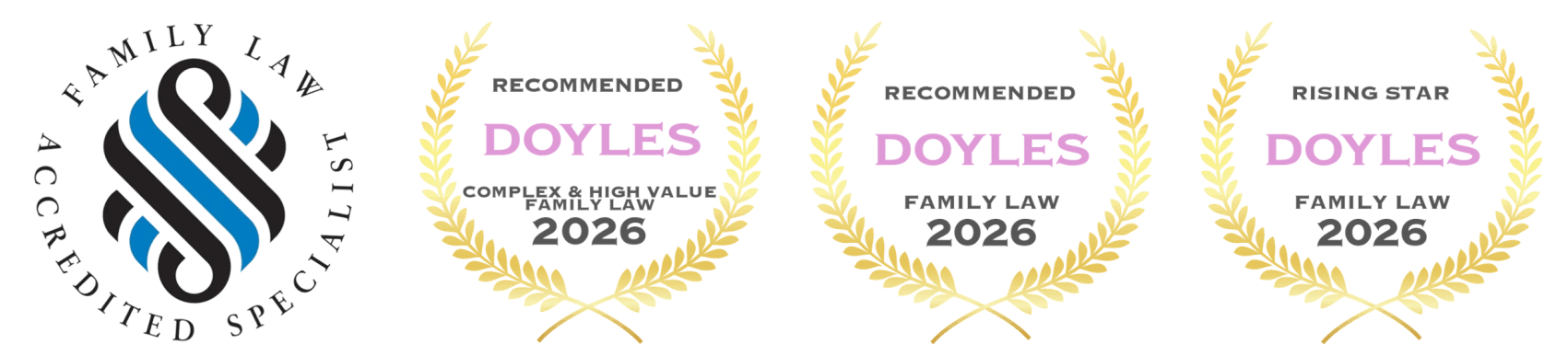 Family lawyers Accredited Specialist badge and three Doyles 2026 Family Law award plaques.
