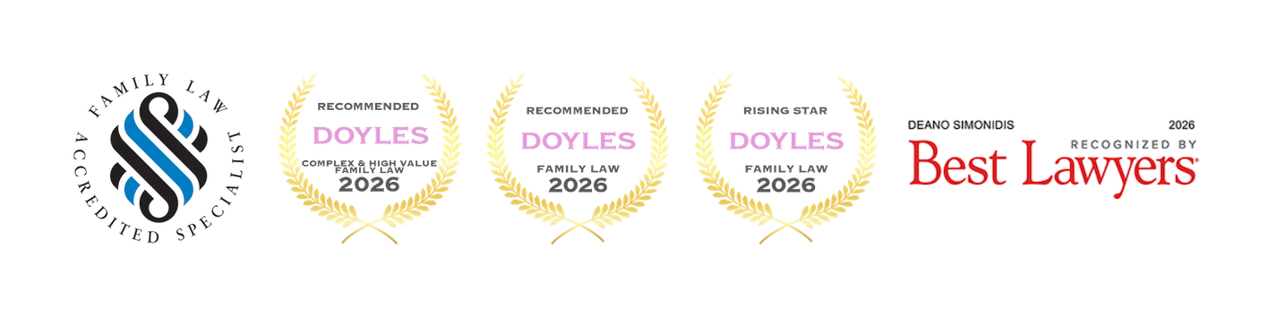 Logos and awards for family lawyers, including Doyles 2026 and Best Lawyers 2026 accreditation.