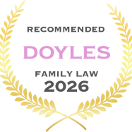 A badge reading "Recommended Doyles Family Law 2026" with gold laurel branches.