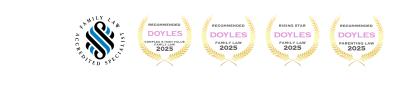 Untitled design (4) Logo and four award laurels for Doyle's family and parenting law, 2023-2025.