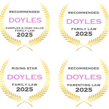 Untitled design (5) Four gold award badges for Doyles Family Law 2025 in various categories.
