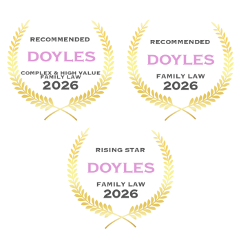 Three gold laurel badges displaying Doyles 2026 family law awards and recognitions.